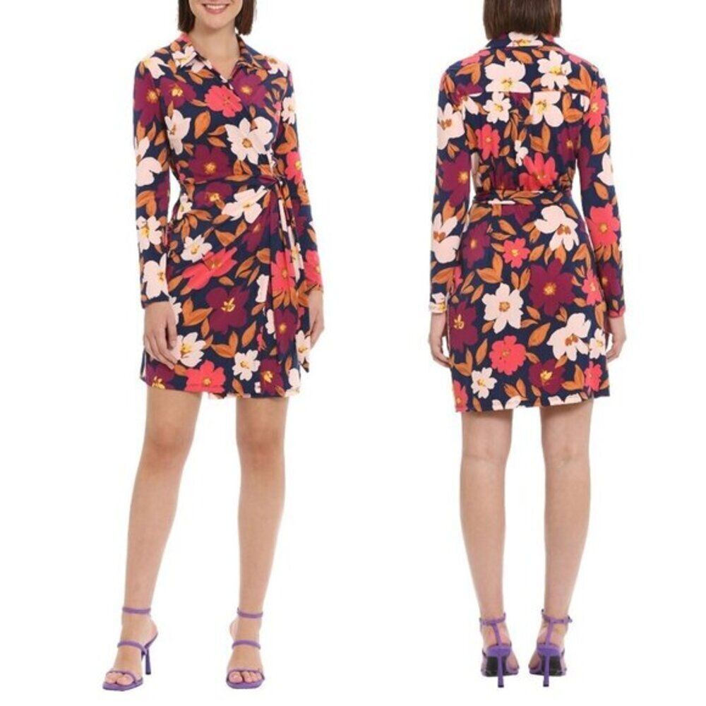 Donna Morgan‎ Women's Floral Print Stretch Matte Jersey Wrap Shirt Dress